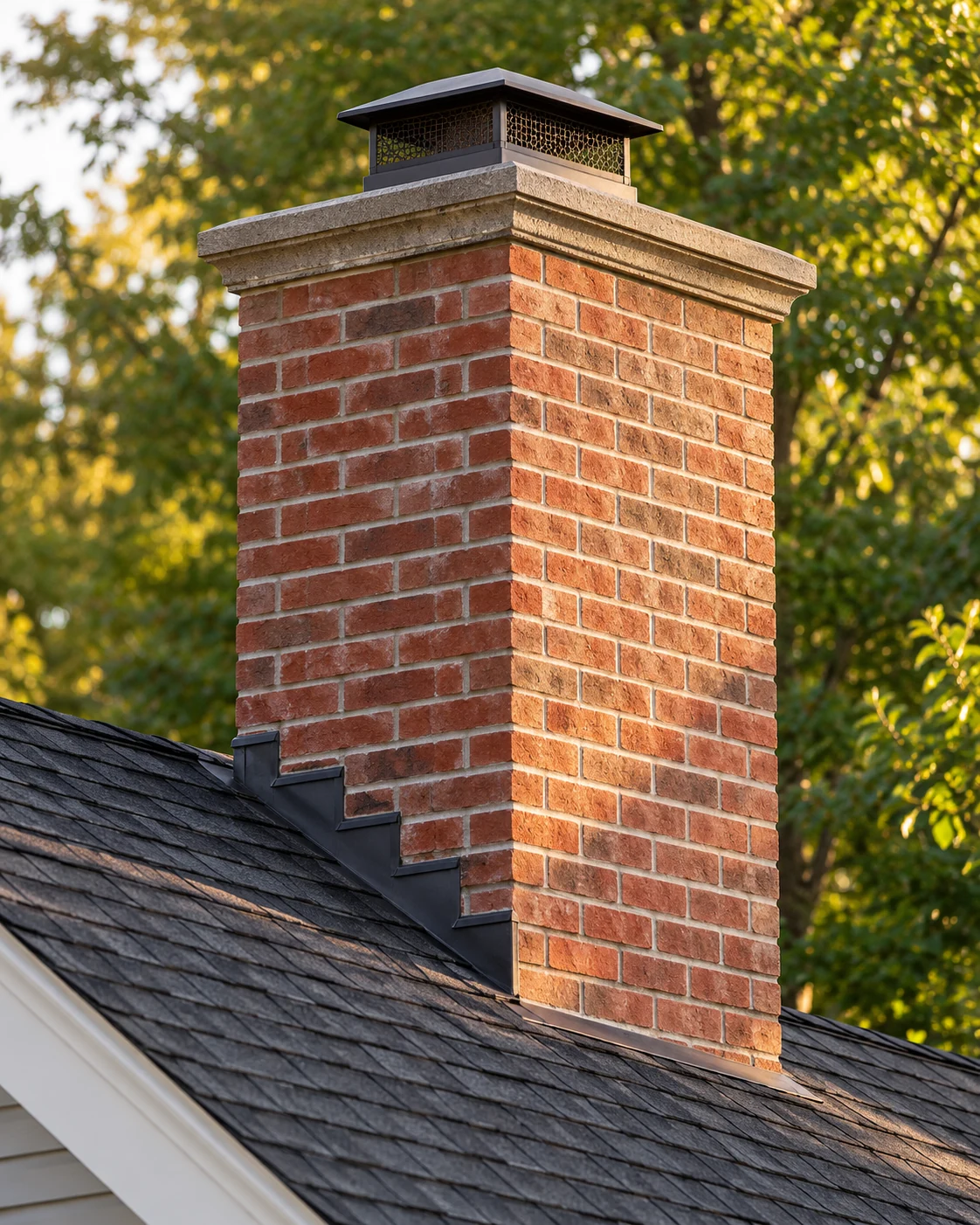 Chimney repair illustration: restored red brick chimney with fresh joints, crown, cap, and flashing
