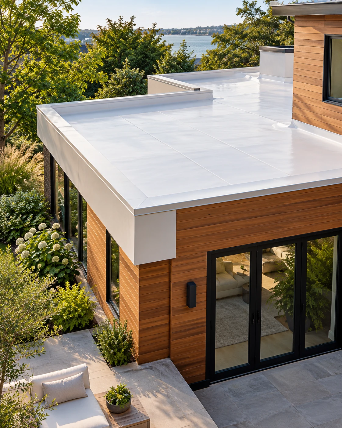 Flat roofing illustration: white TPO membrane and crisp parapet edges on a home extension