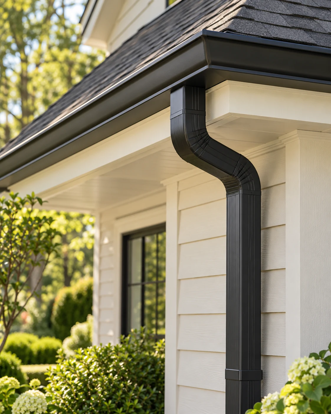 Gutter illustration: seamless black gutter corner connected to a matching downspout