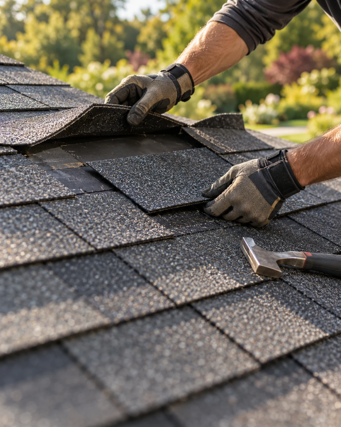 Roof repair illustration: gloved hands fitting a replacement shingle into an existing roof