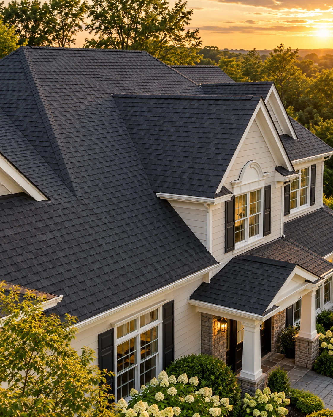 Roof replacement illustration: new charcoal architectural shingles across clean gables