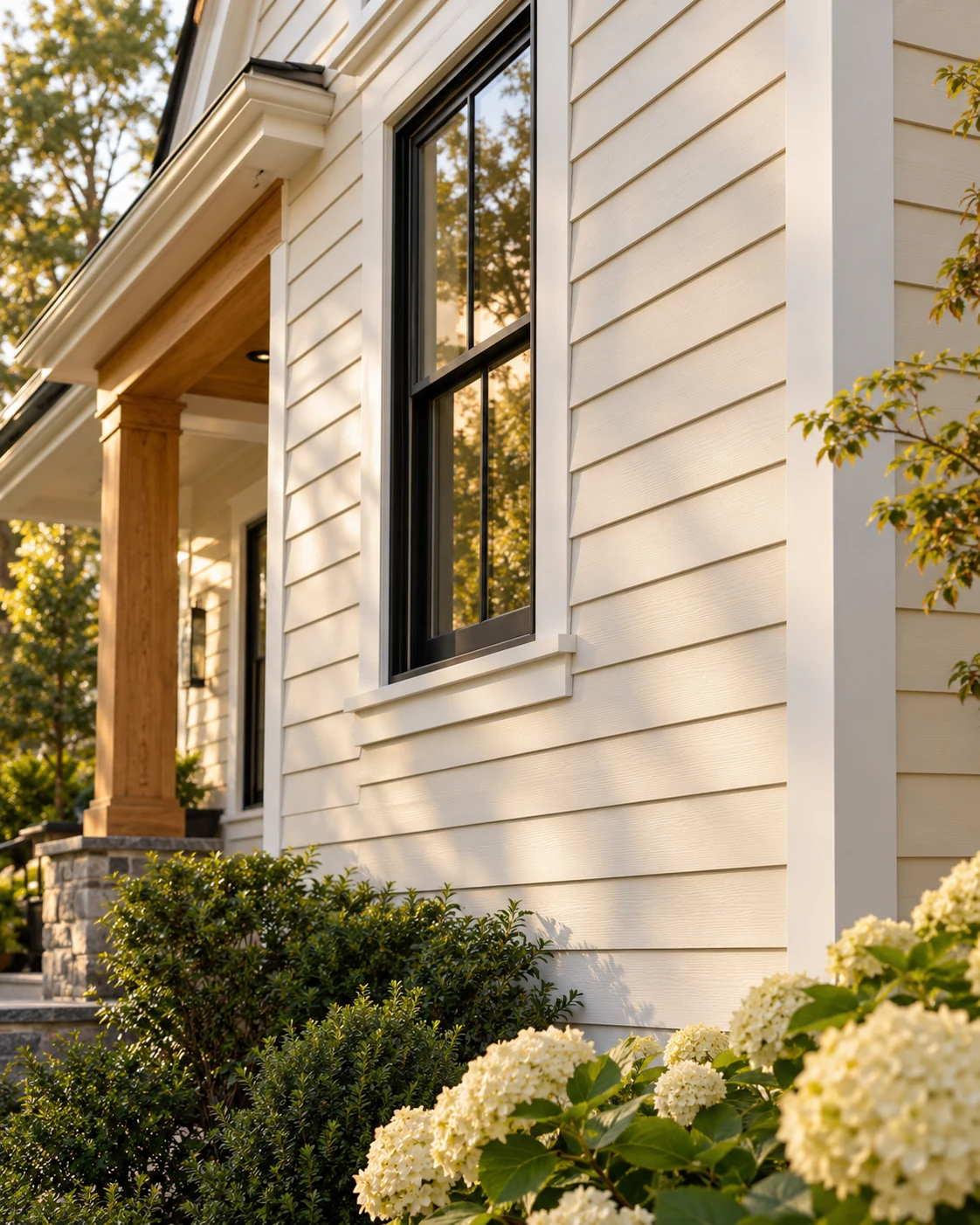 Siding illustration: crisp ivory lap siding around a black-framed window